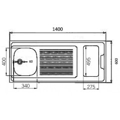 Dessus évier cuisinette largeur 140 cm sans domino  avec vidage complet